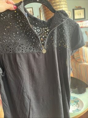 Tommy Hilfiger Black Lace Yoke Short Sleeve Tee with Logo Zip